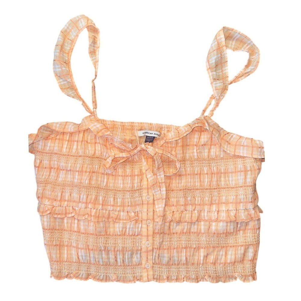 American Eagle Plaid Ruffle Cami Women Medium Orange Smocked Crop Tank Top NWOT